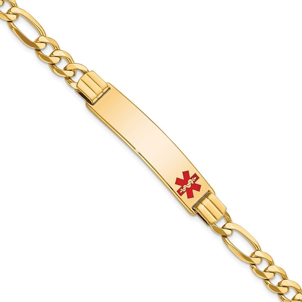 Engravable Personalized Custom 14K Yellow Gold Medical Red Enamel Flat Figaro Link ID Bracelet For Women Length 8 inches Width 10.5 mm
