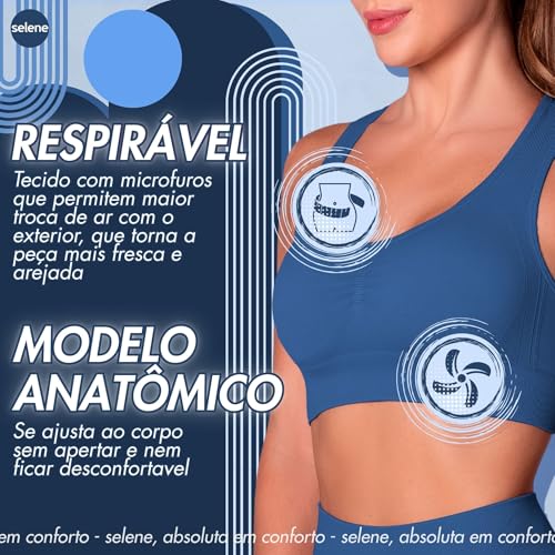 SELENE Top Academia Feminino Com Microfuros Sem Costura Fit, Azul, G
