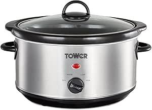 Tower T16039 Slow Cooker with 3 Heat Settings and Removable Dishwasher Safe Pot, 3.5 Litre, Stainless Steel