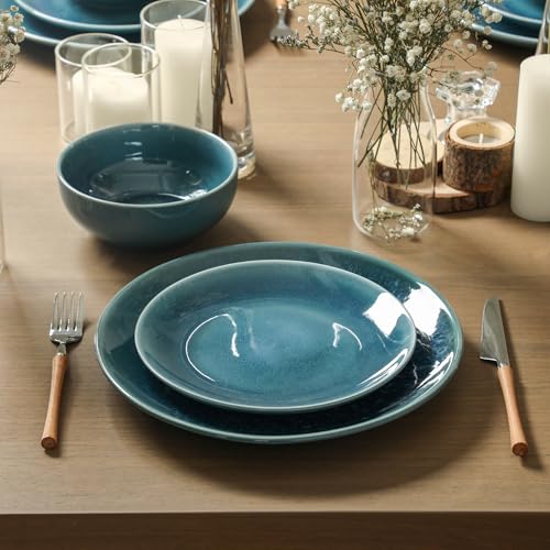 Image of Stone Lain Riley 24-Piece Dinnerware Set Stoneware, Plates and Bowls Set, Dishwasher and Microwave Safe, Dish Set for 8, Blue