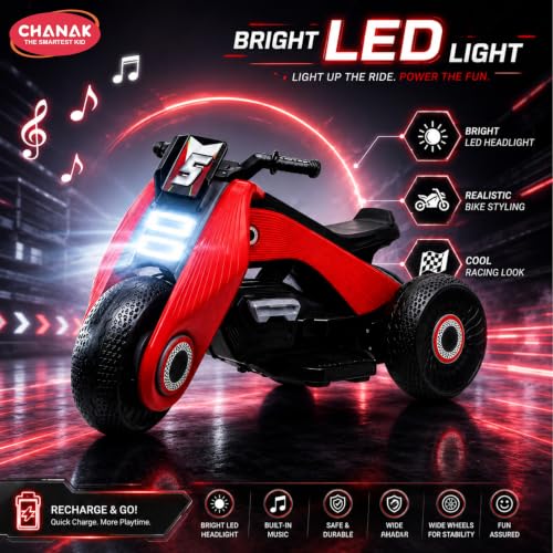 Image of Chanak Electric Kids Bike, 6V Rechargeable Battery Electric Ride-On Toy Bike, Electric Bike for Kids with Three Wheel, Wide Tires & Handlebar Control, Kids Scooter for Girls & Boys 3+ (Red)