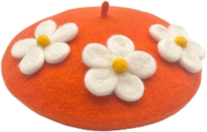 Female Cute Fresh Daisy Flowers Handmade Felt Berets Gift Quality Colorful Sweetie Women Beanie Hat(Black)