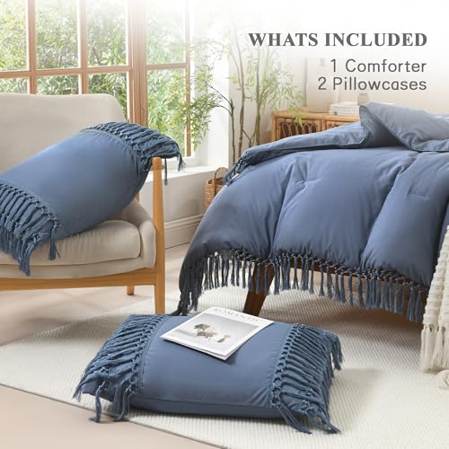 Image of Andency Comforter Full Size Set Bluish Grey, Boho Lightweight Vintage Soft Bedding Comforter Sets, 3 Pieces Bed Set (79x90In Comforter & 2 Pillowcases)