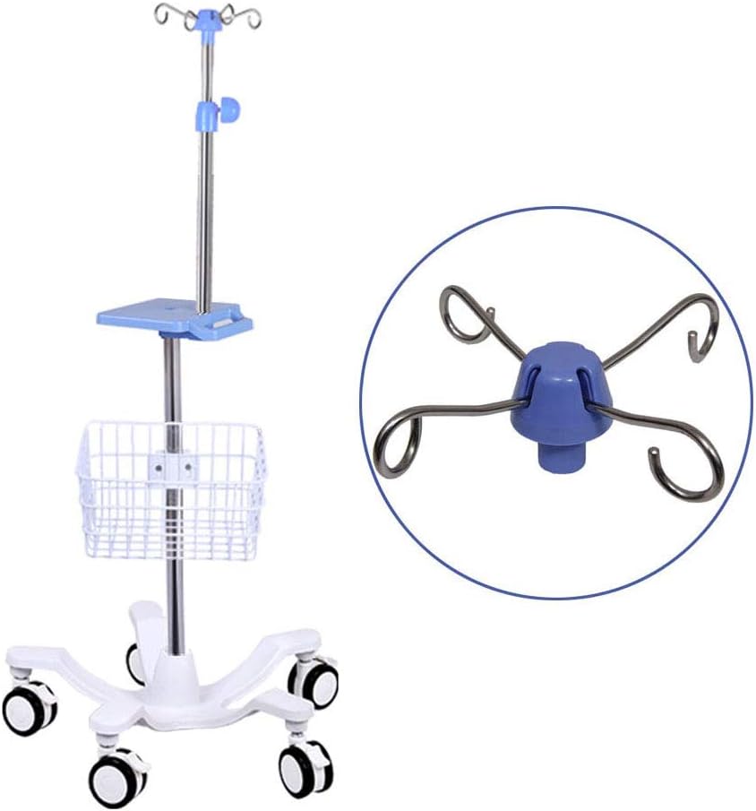 Portable IV Pole with Wheels - Adjustable IV Drip Stand with Tray & Cast Iron Base - Stable Air Pressure Buffer - 5 Locking Casters & Optional Basket
