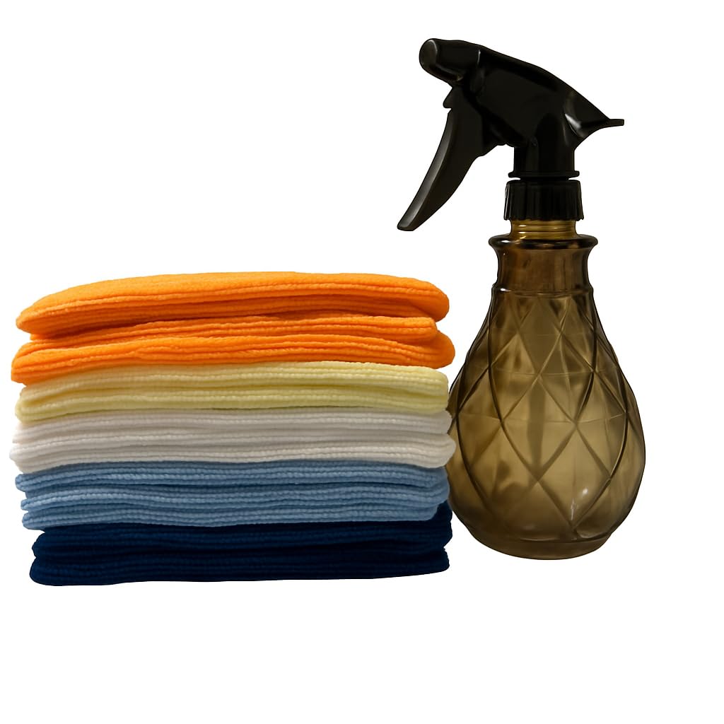 Multi-Coloured Microfiber Cleaning Cloth | Highly Absorbent Cleaning Rags | Lint-Free, Streak-Free Cleaning Cloths For Car Kitchen Home | Reusable Multi-Functional Cleaning Towels With Spray Bottle (Pack Of 10)