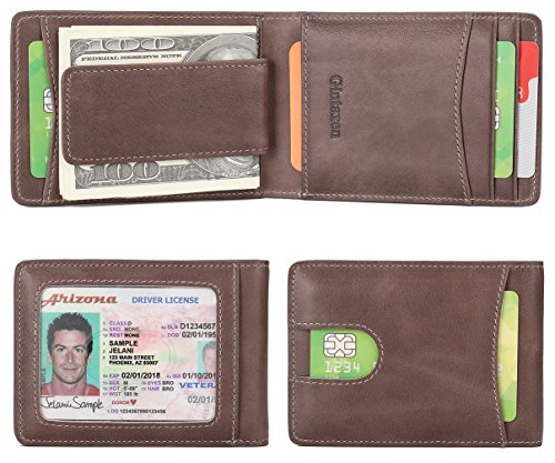 Mens Wallet Slim Genuine Leather Front Pocket Wallet for Men Billfold with ID Window Magnetic Money Clip Quick Access Slot and RFID Blocking - Coffee