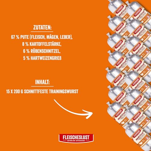 Fleischeslust Hundewurst, Meat&Treat Pute (15x200g), schnittfeste Trainingswurst, Hundefutter für ausgewachsene Hunde