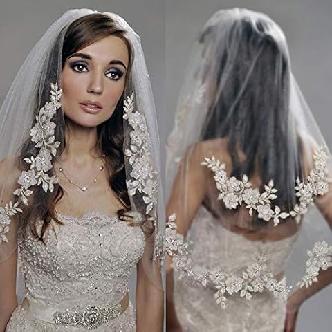 Kercisbeauty 2 Tiers Wedding Bridal Lace Double layer Veil Drop with Hair Comb Flower Lace and Pearl Chapel Hair Accessories (White) Cover