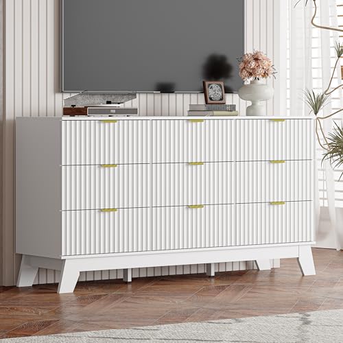 Image of White Dresser 9 Drawer Dresser for Bedroom, 57''Wide Fluted Wooden Dresser Storage Cabinet and Chest of Drawers with Metal Handle, Storage Organizer for Living Room, Hallway, Entryway