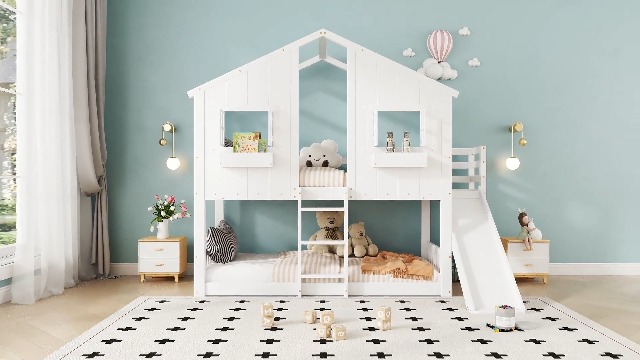 Kinder Etagenbett Mit Rutsche 90x200 - Hochbett Mit Stauraum & Dach