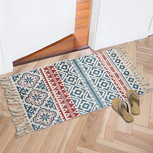 Morrowcamp Petit tapis bohème en coton tissé avec pompons, lavable, 90 x 60 cm, style rustique, bohème, vintage, pour cuisine, salle de bain, chambre,...