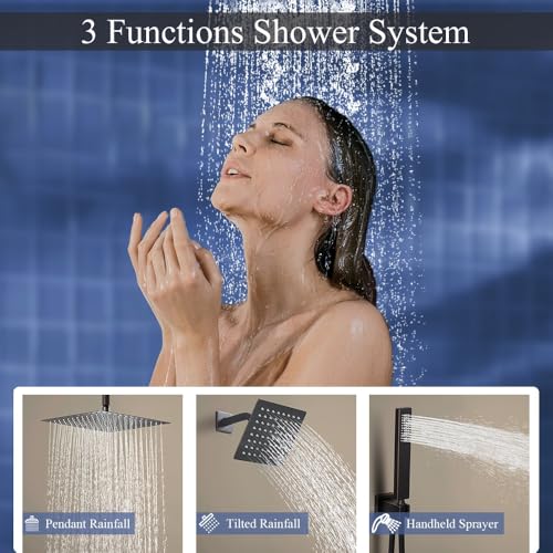 Juego de grifería para ducha en bronce cepillado, sistema de ducha con válvula de derivación tipo perilla, ducha de mano de alta presión, cabezal de ducha de techo cuadrado de 10 pulgadas y cabezal de ducha de pared de 6 pulgadas miniatura 3