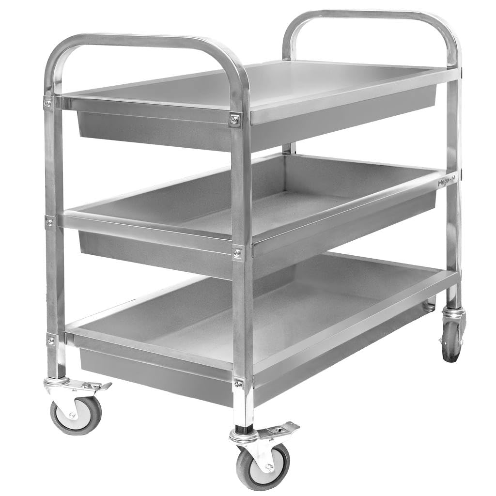 Mega-M Carro de servicio de acero inoxidable, 3 niveles, 95 x 50 x 95 cm, con 4 ruedas giratorias y frenos, color plateado y negro