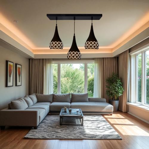 Image of GreyWings 3 Light Hanging Light for Home, Black Aluminium Pendant Light with E27 Holder Designer Ceiling Hanging Lamp for Bulb Not Included, Linear Set