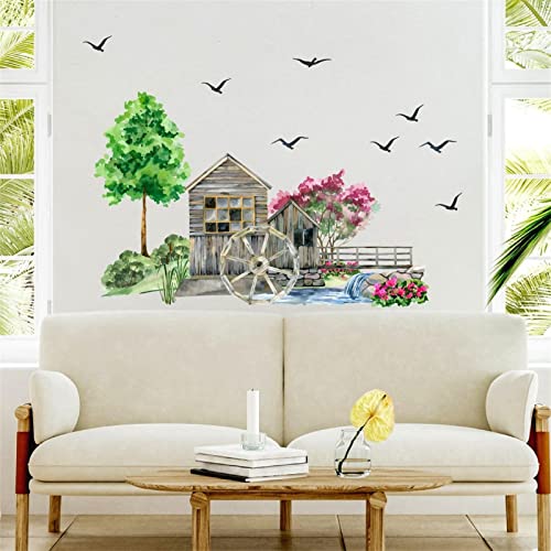 Tree House Wall Stickers Large Green Tree Wall Decals Watercolor Flying Bird Tree Wall Stickers Nature Landscape Wall Decals Tree House Wall Decals For Bedroom Nursery Living Room Decor #TOP7