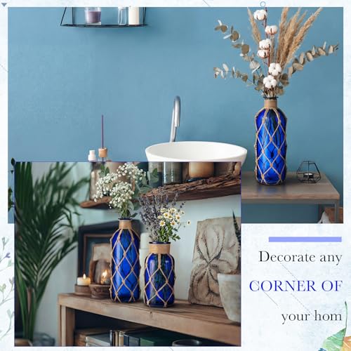 Image of Chuangdi Set of 2 Coastal Glass Flower Vase with Boho Rope, Deep Sea Blue
