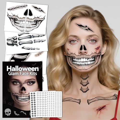 Acevegue Tatuajes Halloween Cara 10 Hojas, Maquillaje Halloween Calavera Tattoo Tatuajes Temporales Adultos Señoras, Complementos Disfraces Pegatinas Cara Calcamonias
