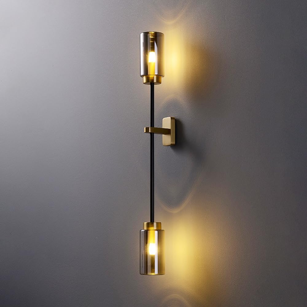 SMCCYYSD Wall Lamps for Bedroom,Postmodern Sconce Copper Light with Gray Glass Geometric Hardwired, Living Room Decor Lights Restaurant Sconces Lighting Fixture (2)