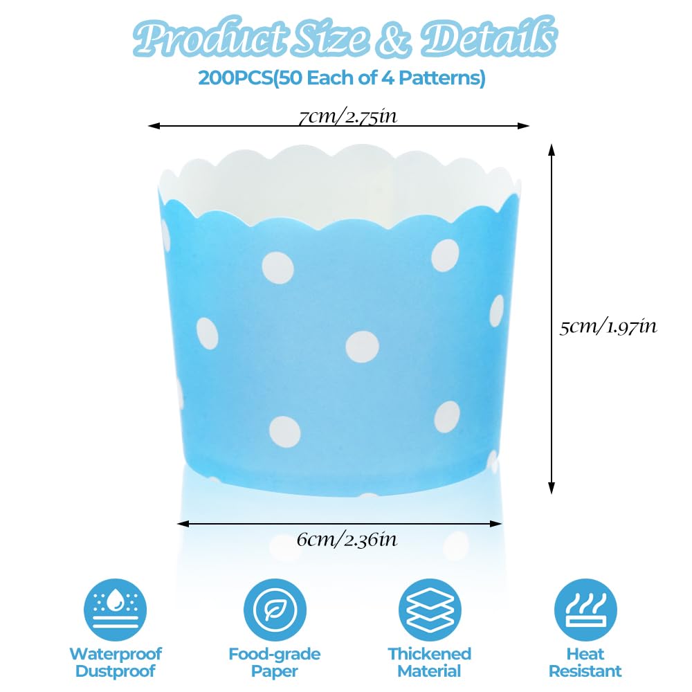 200 Pcs Paper Baking Cups, Large Greaseproof Cupcake Liners, 4 Styles Disposable Muffin Cases, Heavy Duty Cupcake Wrappers Holders for Tea Party Wedding Birthday Baby Shower Cake Candy Supplies