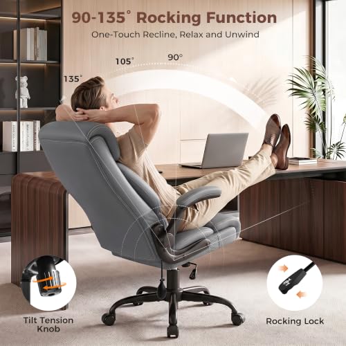 Image of Ergonomic Office Chair with Lumbar Support, Executive Leather Computer Desk Chair with Flip Up Arms & Rocking Function, High Back Big and Tall Comfortable Gaming Chair for Home Office
