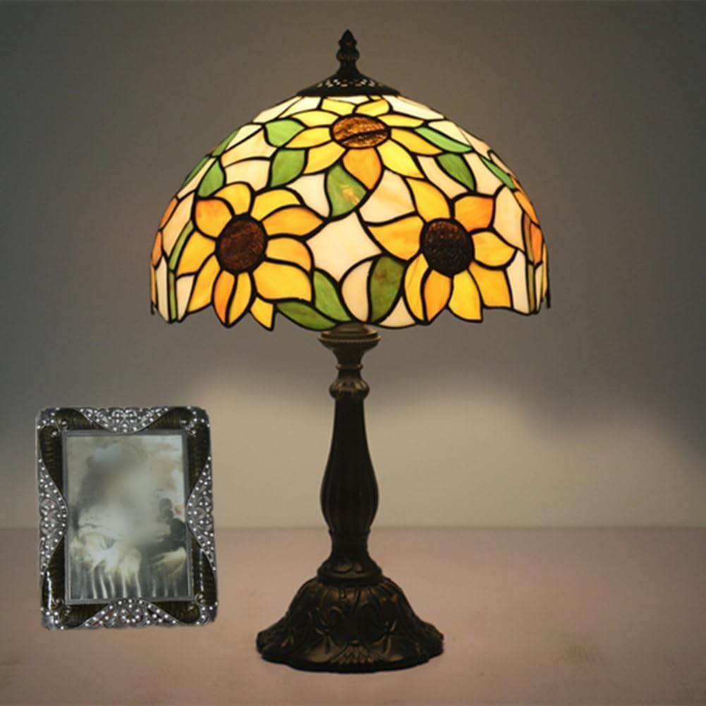 Sunflower Night Table Lamp Floral Tiffany Accent Lamp 11.8 inch Wide Vintage Stained Glass Desk Lamp Antique Nightstand Light for Bedroom Bedside Living Room