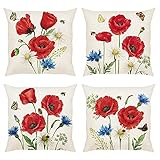 Diseño de dos lados: El patrón de la funda cojin de amapola está impreso en ambos lados (en el reverso estampado tartán amarillo y tartán verde), decoración ideal para sofá, banco, silla, cama dormitorio, automóvil o sala de estar, cafetería. Grandes regalos para cumpleaños o banquete de boda.