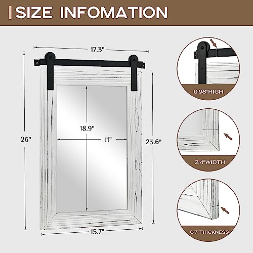Image of COGOOD Farmhouse Barn Door Mirror - 26 inch X 17 inch Rustic Wood Framed Wall Mirror for Bathroom, Living Room, Entryway Wall Decorative (White)