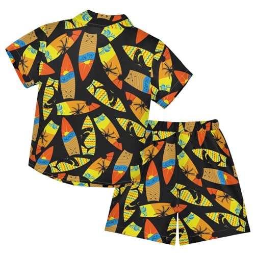 Image of Sunflower Floral Yellow Black Short Sleeve Hawaiian Button Down Shirts and Short Sets for Boys Toddler Summer Outfits