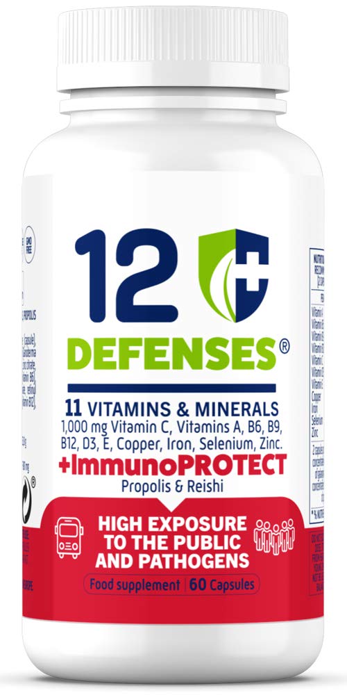 MULTIVITAMIN, Immune System Booster with Vitamin C 1000mg, Vitamin D, Zinc, Propolis and Reishi - Protects Against infections - 60 Vegetarian Capsules with 11 Vitamins and Minerals - 12 DEFENSES
