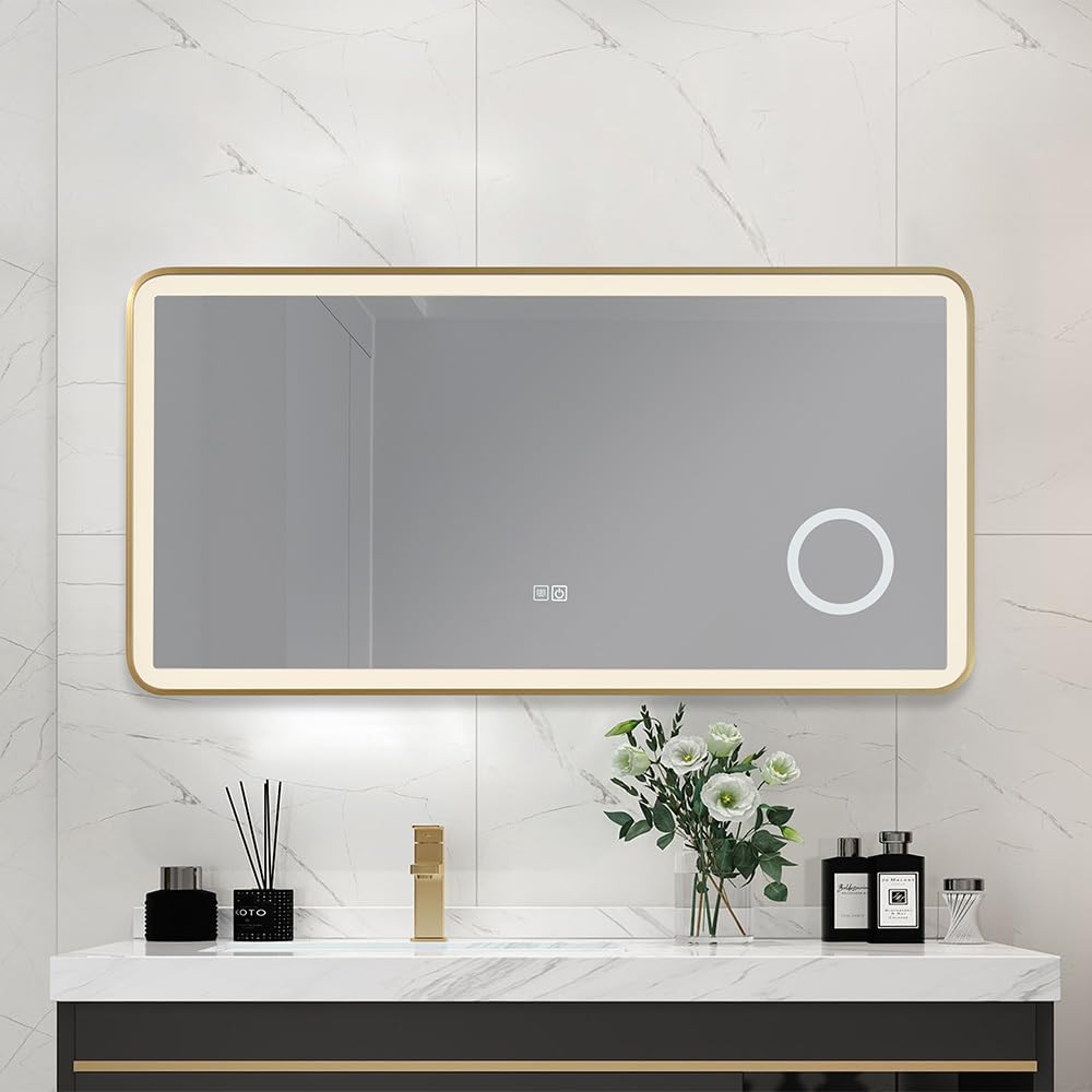 Miroir Salle de Bain LED 120x60cm Anti buée avec Cadre en Aluminium doré et loupe x3 LB-4685G -LuxuryBain