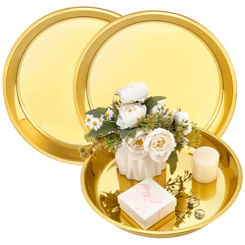 PH PandaHall 3 bandejas redondas doradas para servir de acero inoxidable de 11.8 pulgadas, bandeja de mesa de café dorada, platos decorativos para baño, mesa de café, tocador, bar, postre, velas