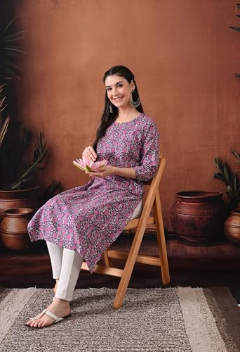 Image of Ichaa Women's Pure Cotton A-Line Katha-Work Ethnic Round-Neck Kurta with 3 /4th Sleeve for Daily and Office Wear, in Plus Sizes