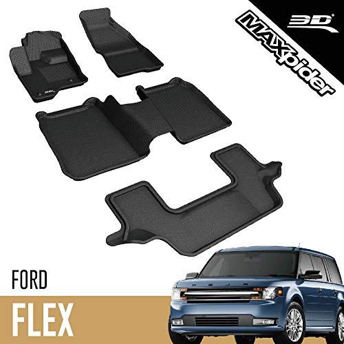 3D MAXpider - L1FR05101509 Ford Flex 2009-2019 (2nd Row with Center Console) Custom Fit All-Weather Car Floor Mats Liners, Kagu Series (1st, 2nd & 3rd Row, Black)