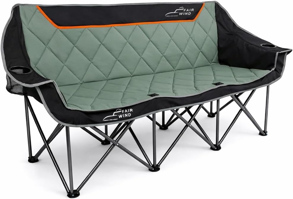 FAIR WIND Oversized Fully Padded Camping Chair Folding Loveseat Camping Couch Double Duo Chair Heavy Duty Quad Fold Arm Chair with Cup Hold - Supports 650 LBS Black