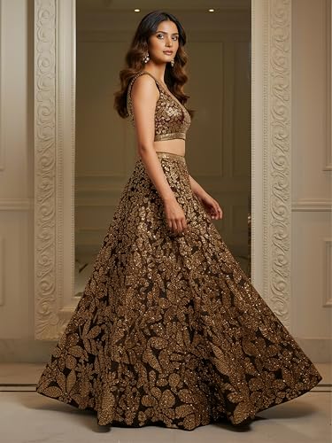 Image of Zeel Clothing Women's Sequins Embroidered Soft Net Lehenga Choli With Dupatta (5106-Brown-Womens-Lehenga-Choli-Latest; Free size) (Brown)