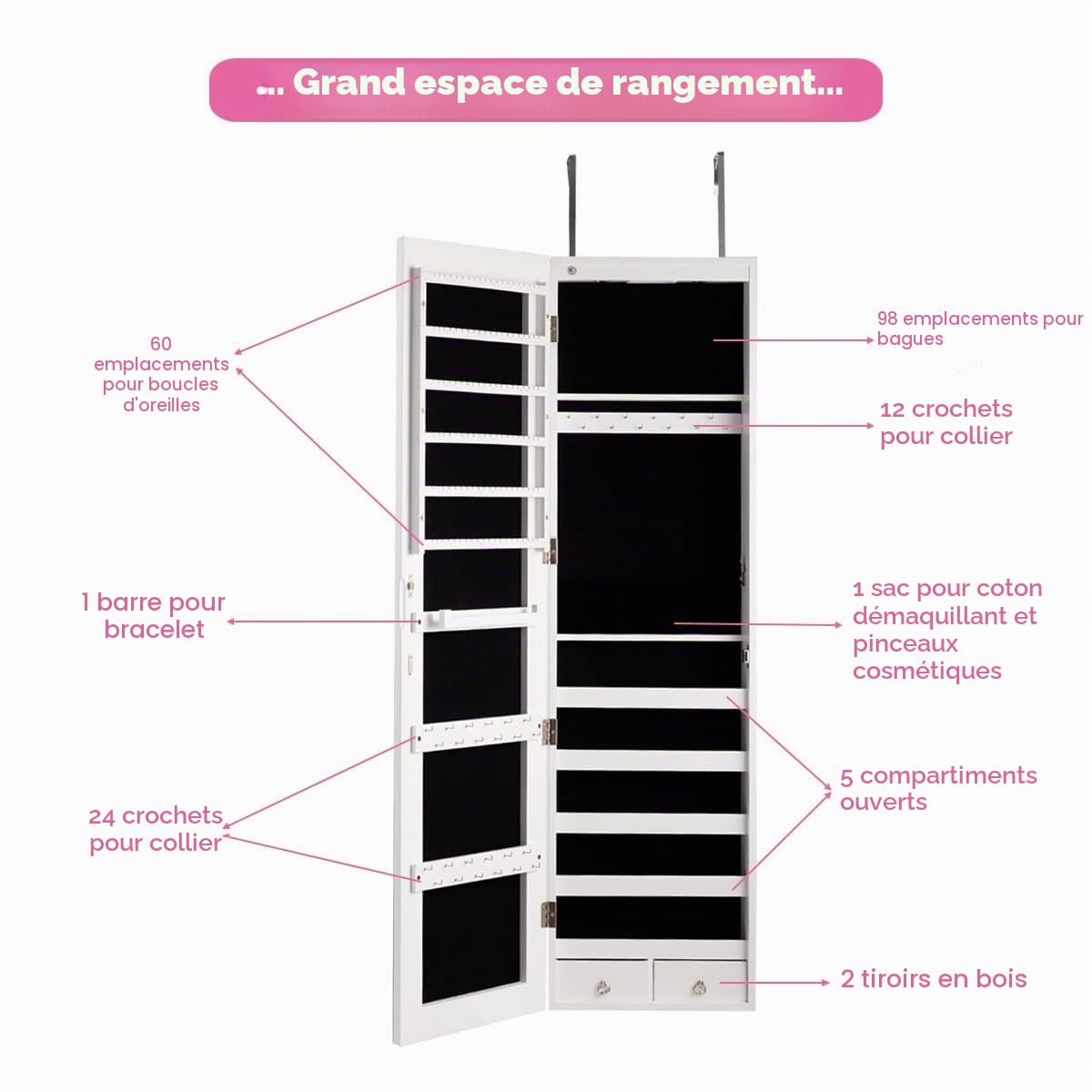 GIANTEX Armoire à Bijoux avec Miroir, Porte Bijoux Mural avec Lumière LED, Rangement avec Miroir Porte,Verrouillable (Blanc)
