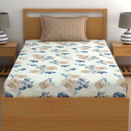 Image of Dreamscape 100% Cotton Bedsheet for Single Bed, 186 TC, 1 Bed Sheet (Size 59 x 87 inches) with 1 Pillow Cover - Blue