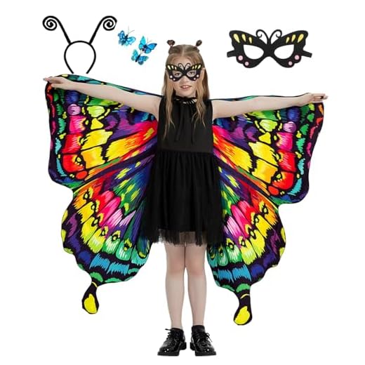 Aimeiar Double Sided Butterfly Costume for Girl,Party halloween costumes for girls 7-8 & 9-12 13-16,Butterfly Wings Shawl For Kids Costume Cape,With Mask,Antenna Headband & Butterfly Clips 2025