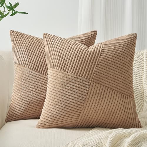 Topfinel Housse Coussin 45x45 Marron en Velours Côtelé Super Doux, Lot de 2 Housse Coussin Decoratif Canape Motif à Rayures Patchwork Decoration Maison...