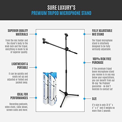 Tripod Boom Microphone Stand - Fully Adjustable Black Mic Stand & Holder - Maximum Stability Safe Knob Lock - Anti-Slip Rubber Tripod Ends - Lightweight & Portable By Sure Luxury #TOP4