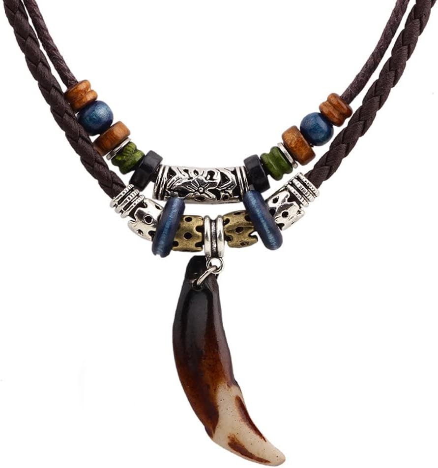 INMOFN2 Pieces Wolf Shark Tooth and Cross Necklace for Women Men,Adjustable Double PU Leather Cord Necklace