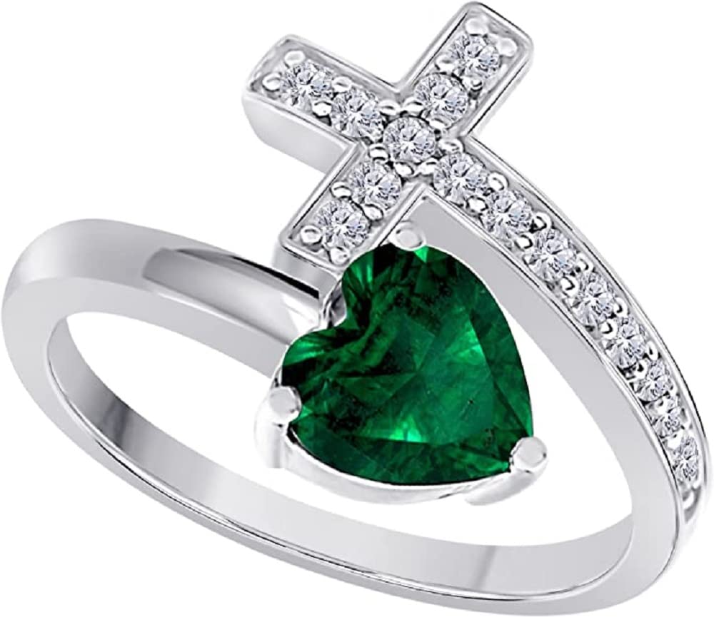 DS Jewels14k White Gold Plated in Alloy Heart Cut CZ Green Emerald & Cubic Zirconia Sideways Cross Ring Wedding & Engagement Ring Size 6.5, Metal, Created Emerald