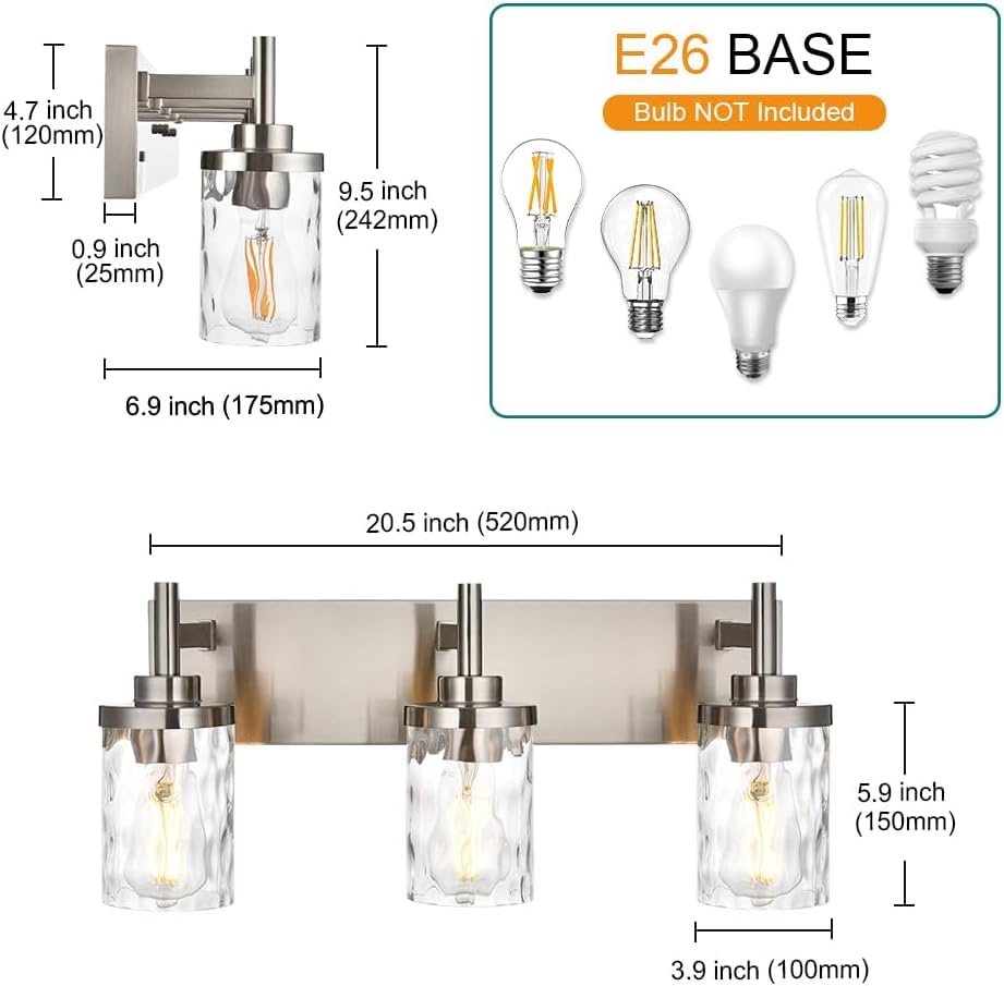 Image of Bathroom Vanity Lighting Fixtures 3 Lights,Brushed Nickel Bathroom Vanity Lights with Clear Hammered Shade Wall Sconce Lighting Modern Farmhouse Bath Lighting