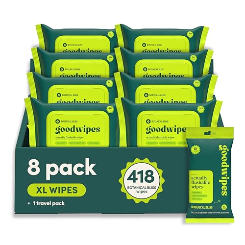 goodwipes Flushable Wipes Bulk Pack, Botanical Bliss Adult Wet Wipes for Women & Men, Sewer & Septic Safe, Toilet & Bathroom Essentials, Extra Large, 418 Count (8 Packs and 1 Travel Pack)