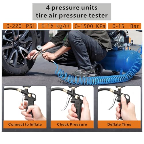 Image of Tire Inflator with Pressure Gauge (0-220 PSI) Heavy Duty Air Chuck and with with Rubber Hose Compressor Accessories and Quick Connect Coupler Applications Car RV Truck Motorcycle Bicycle