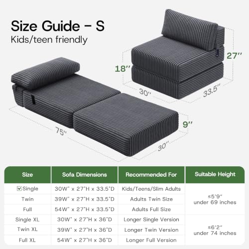 Image of 4-in-1 Folding Sofa Bed Convertible Boneless Sleeper Chair Couch Foldable Lounger & Mattress Pocket Coil & Foam Fill Medium Support, Portable No Assembly for Living Room /Bedroom, Single