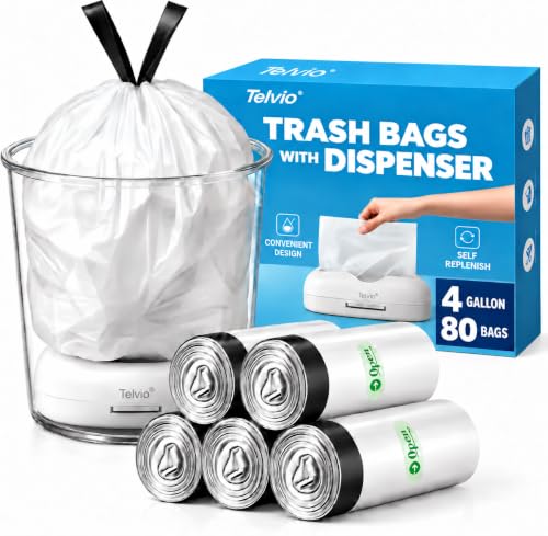Teivio 4 Gallon Drawstring Trash Bags with Dispenser, 80 Count | Strong Bathroom garbage bags and waste basket liners with in-bin dispenser for cleaner refills