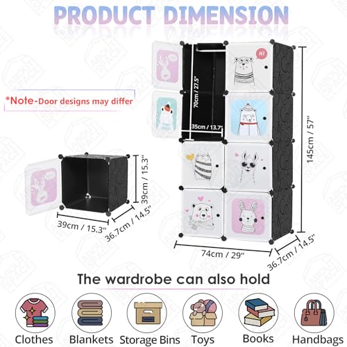 Image of ABOUT SPACE Plastic Kids Wardrobe - DIY 8 Cube Almirah with Cartoon Door, Side Cloth Hanger, Door Magnet & Hamer - Collapsible Baby Clothes Organizer| Storage for Baby Clothes Boys Girls - Black