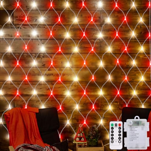 Red White Christmas Net Lights Battery Operated with Remote Timer for Bush