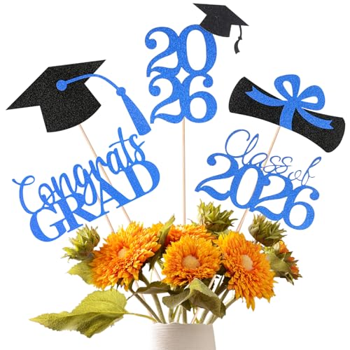 Image of Graduation Decorations 2026, 20 PCS Sparkling Black and Blue Double-Sided Centerpiece Sticks for Tables, Class of 2026 Table Toppers and Party Supplies